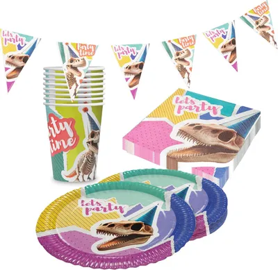 Produktbild von Dino Skelett Partyset – 4-teilig mit Tellern, Bechern, Servietten & Wimpelkette