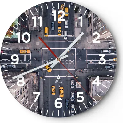 Produktbild von Wanduhr - Rund - Glasuhr - New York Straße - 40x40cm - Schleichendes Uhrwerk - Lautlos - zum Aufhängen bereit - Dekoration Modern - Wanddekoration aus Glas - C4AR40x40-3429