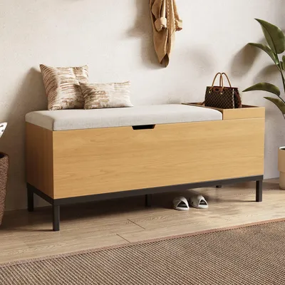 Image de Banc à chaussures avec rangement et coussin - Bois naturel et gris clair - 115 x 40 x 49,5 cm