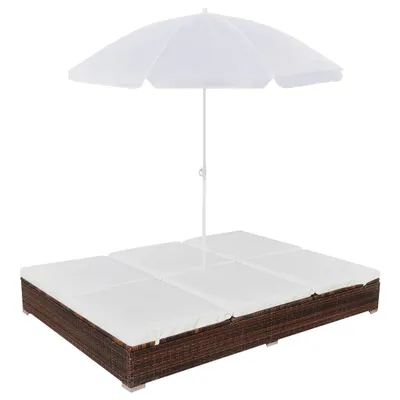 Image de vidaXL Chaise longue avec parasol Poly rotin brun