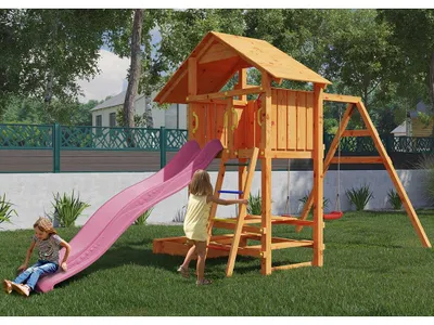 Produktbild von Spielturm Smart 1 teakfarben inkl. Rutsche pink