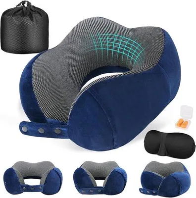Zdjęcie produktu dla Poduszka podróżna dla dorosłych, z pianką z pamięcią kształtu, regulowana, kompaktowa, niebieska, ergonomiczna poduszka pod szyję na podróże samolotem