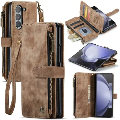 Obrázek produktu pro Kůže pouzdro pro Samsung Galaxy Z Fold 5,PolyuretanKožené Pouzdro na Zip, Magnetické Uzavírání, Kapsa na Karty, Stojánek, Peněženka pouzdro hnědé
