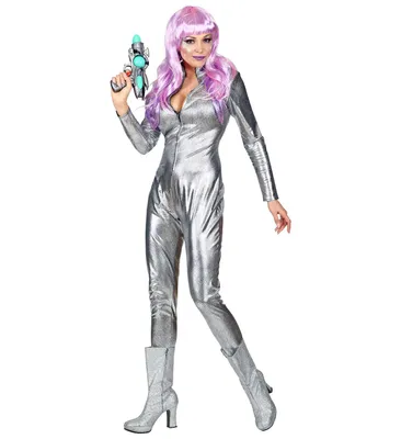 Produktbild von Silber Metallic Damen Catsuit Schuppenmuster Space Girl Disco Astronautin, Größe:L/XL