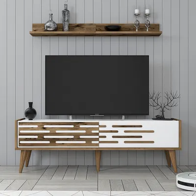 Produktbild von Skye Decor, Valensiya 140 - Walnut, White, TV-Einheit, Nussbaum, 100 % MELAMINBESCHICHTETE SPANPLATTEN, 140 x 45 x 35 cm
