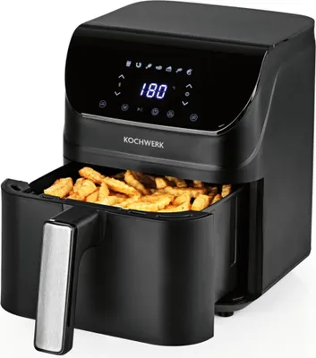 A black digital air fryer with a basket full of french fries.