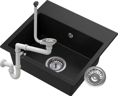 A black kitchen sink with plumbing components and a separate drain strainer.