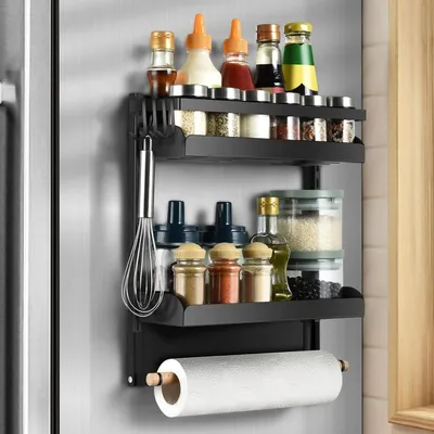 Produktbild von Magnetisches Kühlschrankregal, 2-stöckiges Hängeregal für den Kühlschrank mit 4 Haken, Küchenorganizer und Papierhandtuchhalter