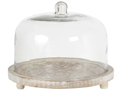 Produktbild von BELIANI Tortenplatte Hellbraun Mangoholz Antik-Optik Rund 29 cm mit Glasglocke Haube Deckel Käseglocke Füßen Kuchenplatte Tortenständer Servierbrett