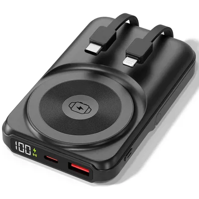 Produktbild von VIESTA® Powerbank 10.000 mAh Schwarz 22,5W Schnellladen PD20W 15W Wireless Apple Watch Charger integrierte Kabel LED-Display Aluminium-Standfuß