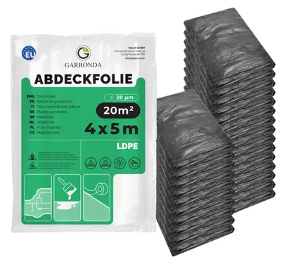 Image de Film de protection Garronda 4 x 5 m, lot de 25. Film de protection LDPE 20 µ, gris. Film de protection pour meubles et sols. Film de chantier résistant à la déchirure, pour les travaux de rénovation et de peinture sans ruban adhésif. GD-0222