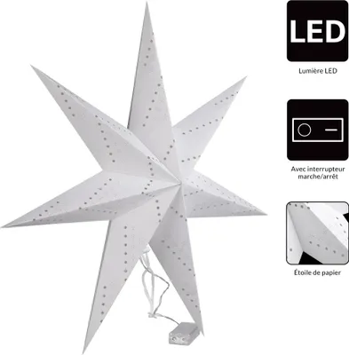 Image de CASARIA® Décoration Noel Suspension Papier étoiles 60 cm, Sapin De Noel Lumineux LED 10 Leds Blanc Chaud, Deco Noel Interieur Maison, Etoile De Noel Pliable, Fonctionnement À Piles, Sans Câble