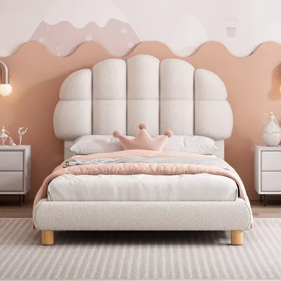 Immagine prodotto di okwish Letto singolo per bambini 90x200 cm, rete a doghe, morbido velluto rotondo, letto imbottito per bambini per un sonno confortevole, bianco