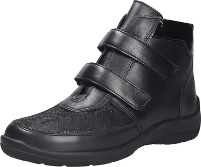 A black winter boot for women, shown from the side against a white background.
