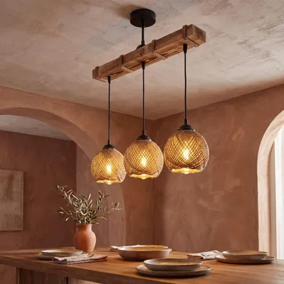 Produktbild von Hängeleuchte Metall Stoff E27 H: max. 110 cm geflammtes Holz Natur Schwarz 3-flammig Kugelschirm Modern