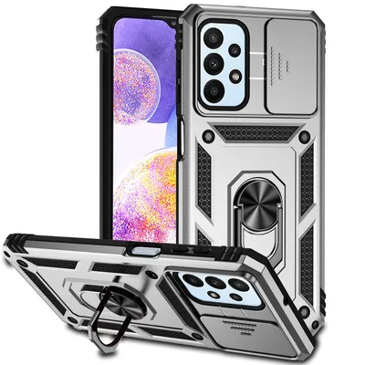Obrázek produktu pro Pouzdro pro Samsung Galaxy A23 4G dvouvrstvé pouzdro s posuvným krytem kamery a prstencovým stojánkem Stříbro