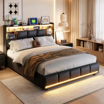 Obrázek produktu pro Postel INONEFT, rozměr 160 x 200 cm, čalouněná, s LED osvětlením. Hydraulická postel s úložným prostorem, dvojlůžko s úložným prostorem v čele postele a rošt. Materiál: PU