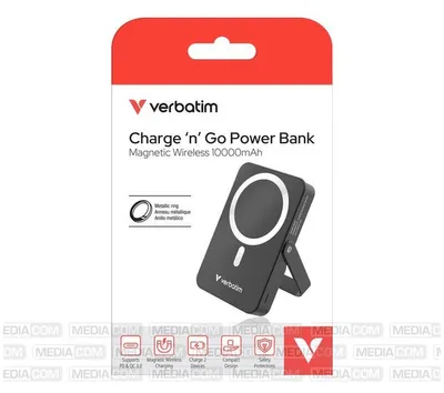 Produktbild von Verbatim Powerbank mit 20W Schnellladen PD und 15W kabelloses Laden USB-C Anschluss 10.000 mAh Schwarz