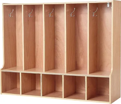 Produktbild von SucceBuy Offener Kinderkleiderschrank aus Sperrholz, Kindergarderobe mit 10 Haken und 10 Fächern (5 große und 5 kleine), Garderoben- und Aufbewahrungsregal für Kinderzimmer, Zuhause oder Kindergarten