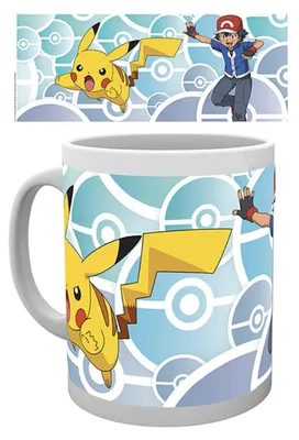 A Pokemon mug with Pikachu and Ash on it, set against a blue and white background with Pokemon ball graphics.