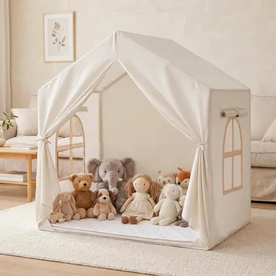 Imagen del producto de Tienda de juegos para niños, color crema, con ventana y alfombra, para uso en interiores, dimensiones: 120x100x100 cm