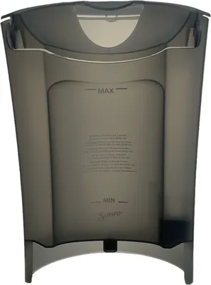 A clear, front-on studio shot of a gray plastic water tank.