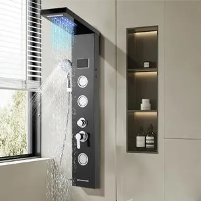 Immagine prodotto di Pannello doccia Jayseuw con rubinetto, sistema doccia 5 in 1 Set doccia multifunzionale con doccetta doccia massaggiante Doccia a cascata Rubinetto doccia a pioggia, nero