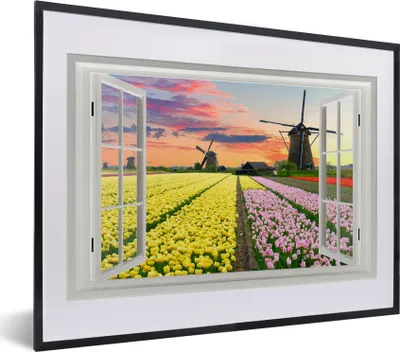 Produktbild von MuchoWow® MuchoWow® Gerahmtes Poster Aussicht - Sonnenuntergang - Tulpen 40x30 cm - Poster mit zchwarzem Bilderrahmen - Bilderrahmen - Poster im Rahmen