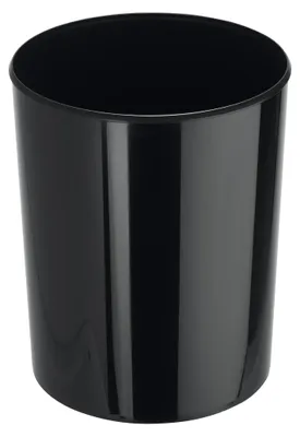 A black, high-gloss plastic trash can.