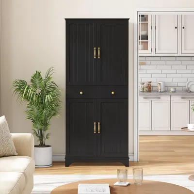 Immagine prodotto di Armadio alto Flieks con ripiani regolabili, mobile da cucina con ripiani estraibili e ante da frigorifero, mobile alto 77x40x181 cm, nero