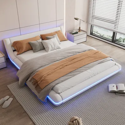 Produktbild von okwish Polsterbett Doppelbett 160 x 200 cm mit LED-Umgebungslicht, Funktionelles Flachbett Bodenbett(Ohne Matratze)-weiß