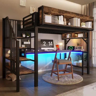 Produktbild von Flieks Etagenbett 90x200cm mit Schreibtisch und Ladefunktion, Hochbett Jugendbett mit Led und Stauraum, Kinderbett Metallbett mit Lattenrost, Schwarz