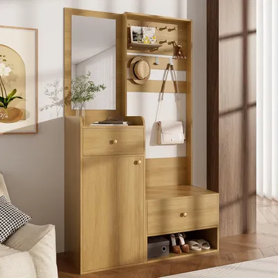 Zdjęcie produktu dla Zestaw garderoby Merax z lustrem, 2 szuflady, kompaktowa szafa 105x38x180cm, półka wejściowa z szafką, otwarte półki i regulowane haczyki, drewno