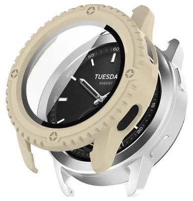 Imagen del producto de Funda de plástico para reloj inteligente Xiaomi Watch S3 + protector de vidrio templado H9, color beige