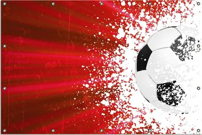 Produktbild von Wallario Outdoor-Poster für Garten oder Balkon, Motiv Fußball - Splashing Design in rot, in ca. 120 x 180 cm