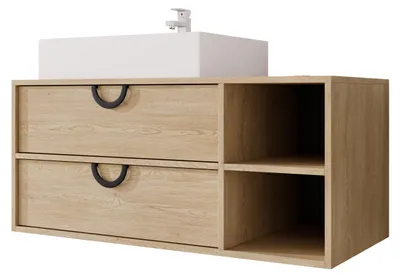 Produktbild von MIRJAN24 Waschbeckenschrank 14 mit Waschbecken, mit Siphon, mit zwei Schubladen (Farbe: Eiche Cremona), KI-generiertes Bild