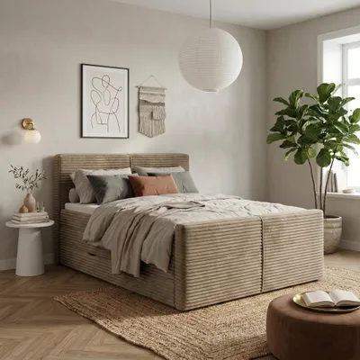 Produktbild von ELVORA DESIGNE Boxspringbett 160x200 cm DREAM mit Doppel-Bonell-Matratze H3 & Topper, Bettkasten, Beige