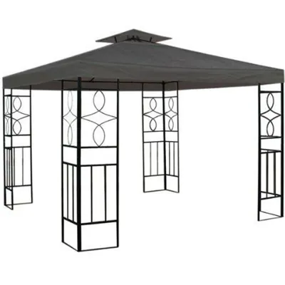 A gray gazebo with black metal supports against a white background.