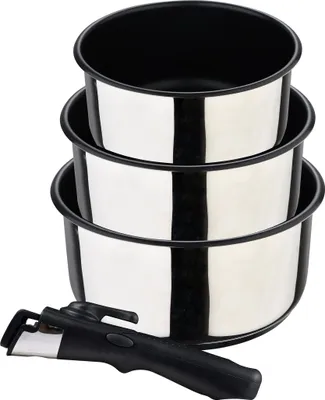 Produktbild von Bergner Click&Cook - Topfset 4- teilig - Aus Edelstahl und mit Antihaftbeschichtung - Enthält 3 Töpfe mit 16, 18 und 20 cm + Abnehmbarer Griff - Für Alle Herdarten und Backöfen - Edelstahlpfannen