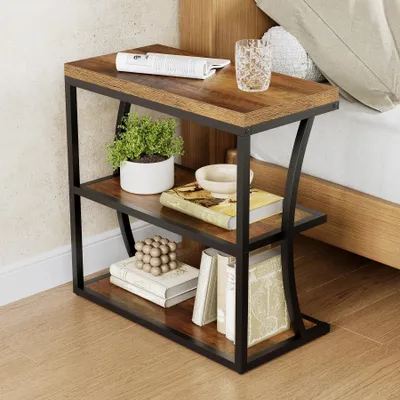 Obrázek produktu pro Úzký přistavný stolek – obdélníkový stolek k pohovce / noční stolek – dřevo – 30x60x61 cm – s policí – venkovský, vintage styl – hnědý