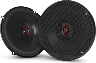 Two black car speakers are shown against a white background.