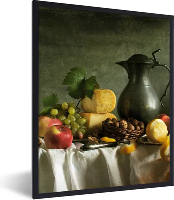Produktbild von MuchoWow® Gerahmtes Poster Rustikal - Käse - Teekanne - Obst - Stilleben 60x80 cm - Poster mit Schwarzem Bilderrahmen Wandposter Rahmen Foto Bilder - Premium - Wanddeko Wohnzimmer