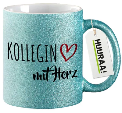 Produktbild von Huuraa Glitzertasse Kollegin mit Herz 330ml Blau Keramik Kaffeebecher Geschenkidee