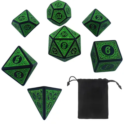 Produktbild von Polyedrische Würfel – Acryl – Grün mit Goldakzenten – D20, D12, D10, D8, D6, D4 – Für D&D und Rollenspiele – Set mit 7 Würfeln