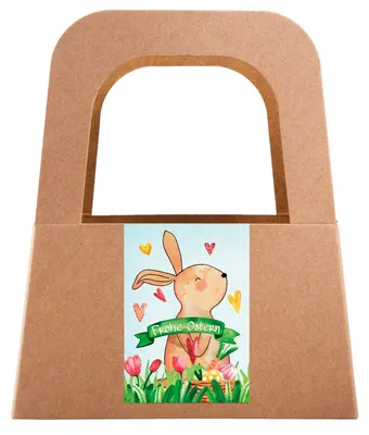 Produktbild von 5 Osternest Körbchen mit Henkel + Aufkleber "Frohe Ostern" bunt mit Osterhäschen