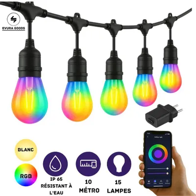 Image de Guirlande lumineuse RGB Evura Goods pour l'extérieur, 10 mètres – extensible – 15 ampoules LED intelligentes – éclairage de jardin multicolore – résistante aux intempéries