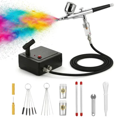 Produktbild von Airbrushpistole Airbrush-Set mit Kompressor - Doppelwirkend - 0,2 / 0,3 / 0,5 mm Düsen - Reinigungsset