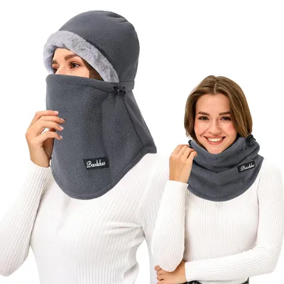 Productafbeelding van Thermo-fleece stormhoed, grijs, one size. 3-in-1: muts, sjaal en gezichtsbescherming, geschikt voor buitenshuis