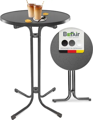 Produktbild von BeFair Gastro Stehtisch Klappbar Ø 80 cm Nico Bistrotisch Partytisch Rund Grau Klapptisch Vormontiert mit 4 Haken für Jacken oder Taschen …
