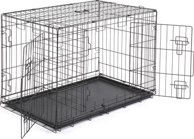 Produktbild von FCH Faltbarer Hundekäfig & Transportbox, 91x57x63 cm, Schwarz, aus Eisen & ABS, für Hunde, Katzen & Geflügel, mit 2 Türen, Trennwand, Auffangwanne, abgerundeten Kanten & abnehmbarem Tragegriff